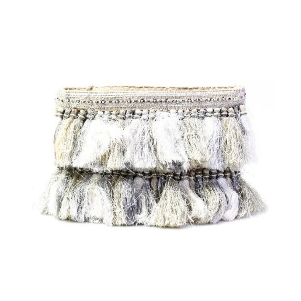 Christophe Sauvat Beaded Tassels Clutch Bag Silver Beige Textured Print Boho